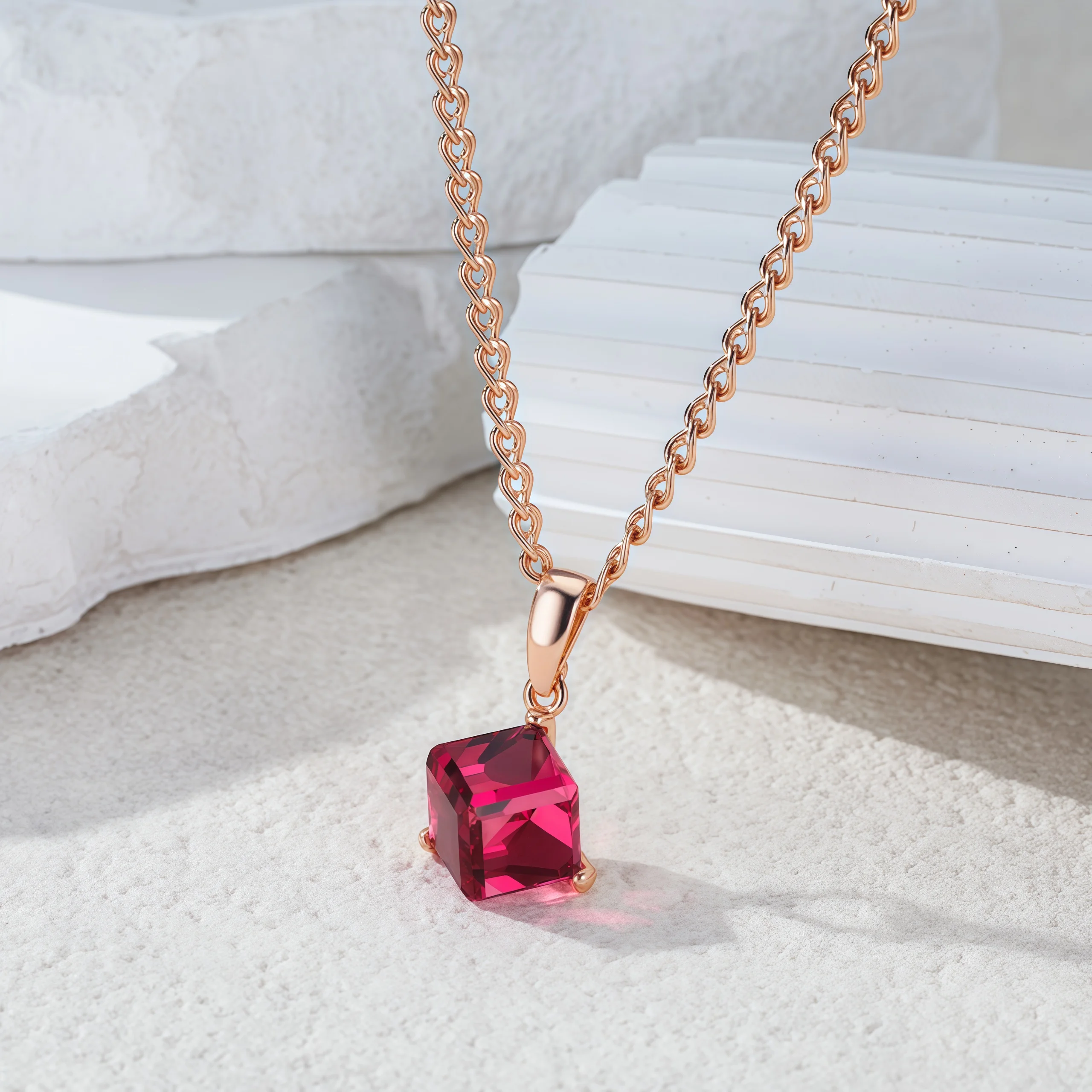 Wbmqda Cube Red Stone Pendant And Necklace For Women 585 Rose Gold Color Luxury Wedding Jewelry Accessories