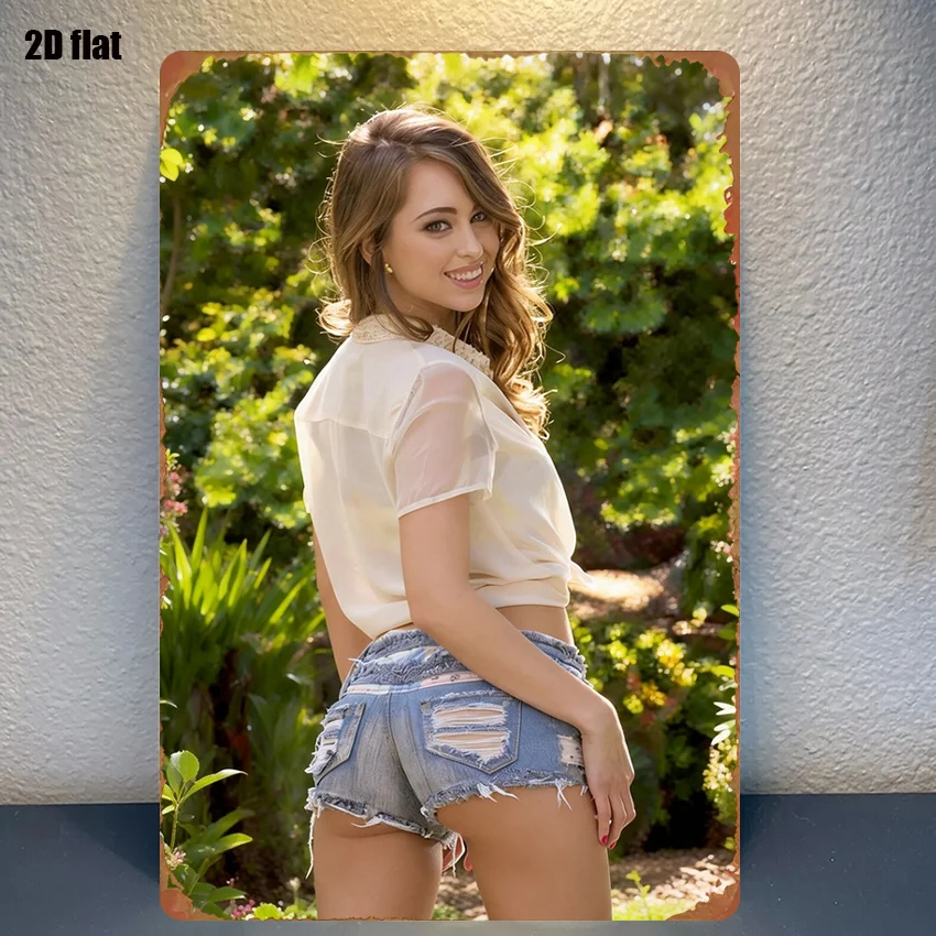 Vintage 2D Flat Woman in Sheer Top & Ripped Denim Shorts Tin Sign - Retro Garden Portrait Metal Wall Art Decor for Bedroom, P