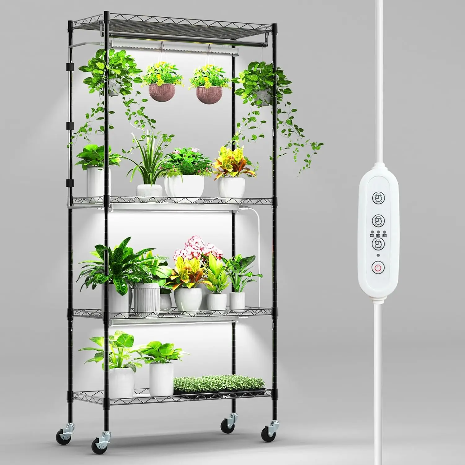 

4-Tier Metal Plant Shelf with 3 LED Grow Lights, Adjustable Rack and Timer for Indoor Gardening