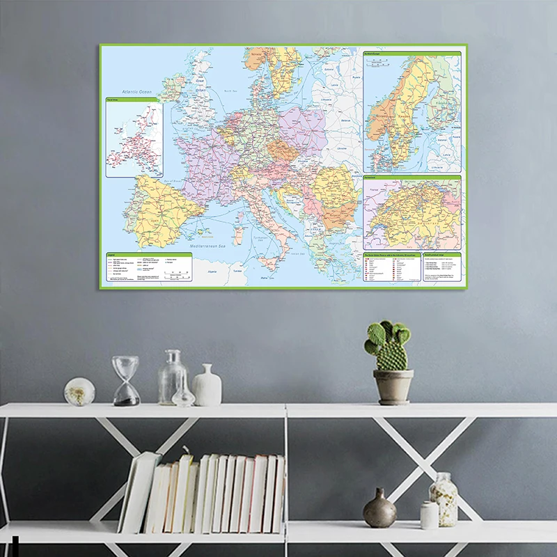 Póster de Arte de pared de mapa de ruta política y de tráfico de Europa, lienzo no tejido, pintura, decoración del hogar, suministros escolares, 150x100cm