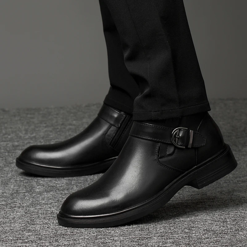 Winter High Quality Leather Boots Thick Sole Leather Chelsea Men Boots Black Business Dress Boots Crocodile Pattern Casual Boots