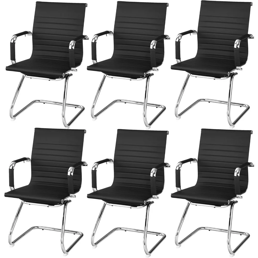 

Office Conference Room Chairs - Reception Chair with No Wheels, Set of 2 Guest Chairs, Black, Metal Leg Sled Base, Mid Back PU