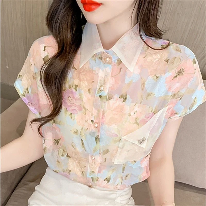 Women\'s Fashion Floral Printed Button Up Chiffon Shirt Summer 2022 Chic Fairy Short Sleeve Loose Ladies Tops Casual Sweet Blouse