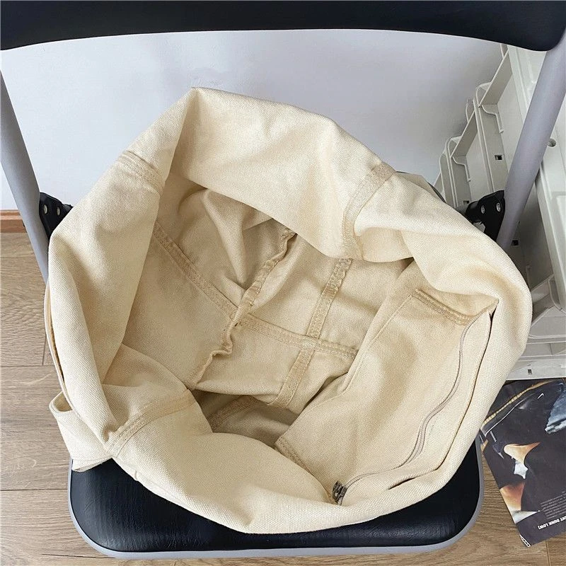 High-Capacity Canvas Women Bag Vintage Cotton Bucket Solid Zipper Soft Casual Tote Bag Shoulder Bag Crossbody Shopping Bag