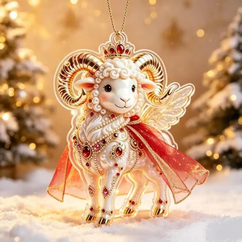 New 2D Acrylic Zodiac Goat Christmas Tree Hanging Ornament Auspicious Red Gold Design For Rearview Mirror New Year Home Decor