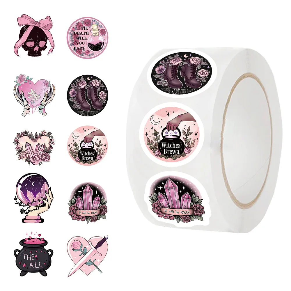 500pcs/Roll Cartoon Pink Goth Witch Sealing Stickers DIY PVC Laptop Decals Decoration Stiker Reward Gift Toys