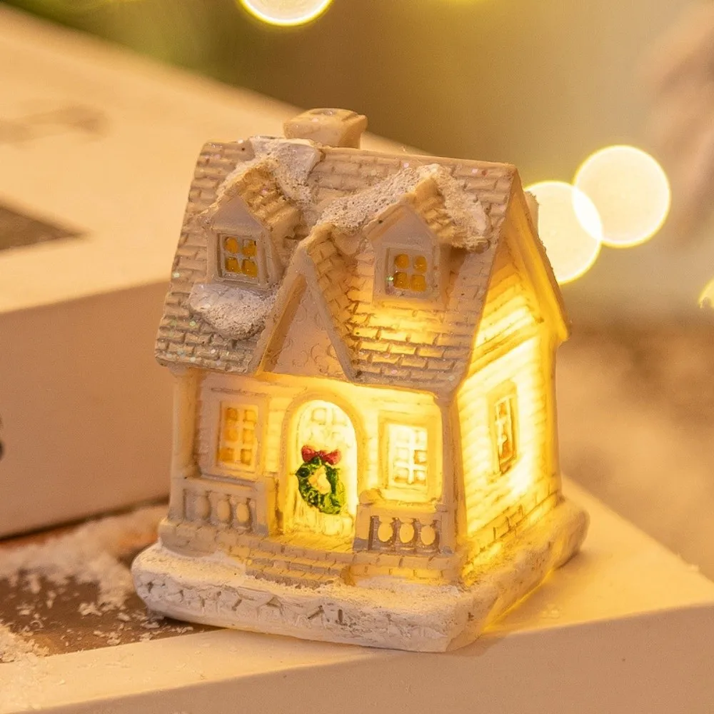 Resin Christmas House Ornament Battery Powered LED Light Light Up Village House Cartoon Mini Snow House Figurine