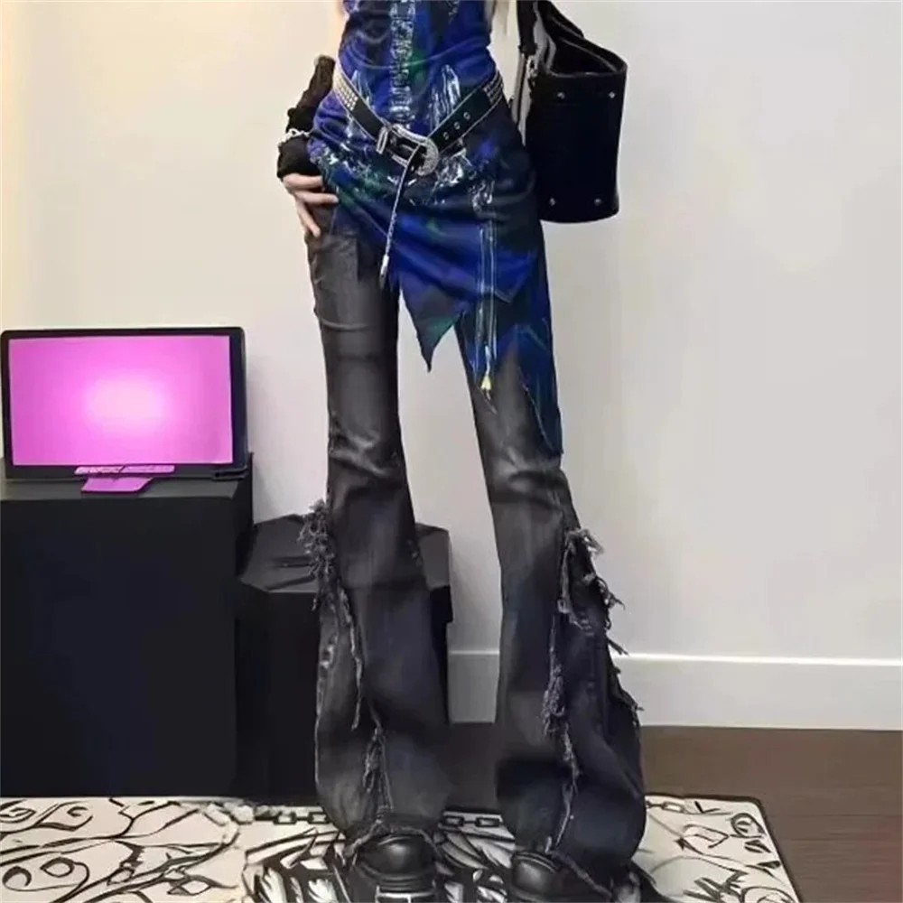 

2026 Эстетические джинсы с низкой посадкой в стиле гранж, женские джинсовые брюки с высокой талией, кокетка Y2k, черные готические мешковатые брюки-карго 2000-х годов, эмо-брюки