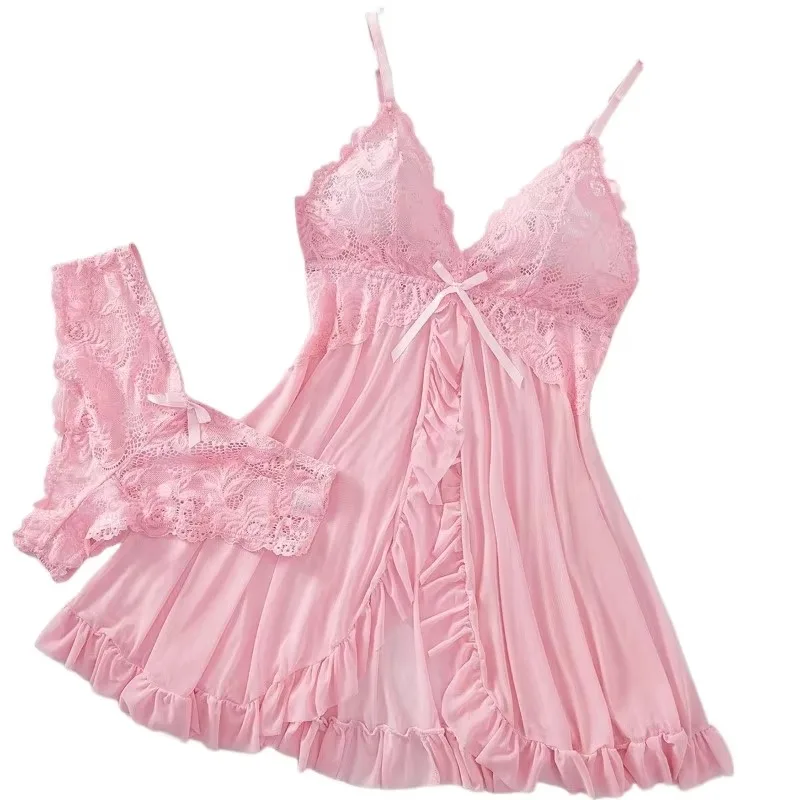 Sexy Lingerie Set Women Erotic Lace Nightdress VNeck Solid Soft Slim Full Slip Sleepwear Night Dress For Women