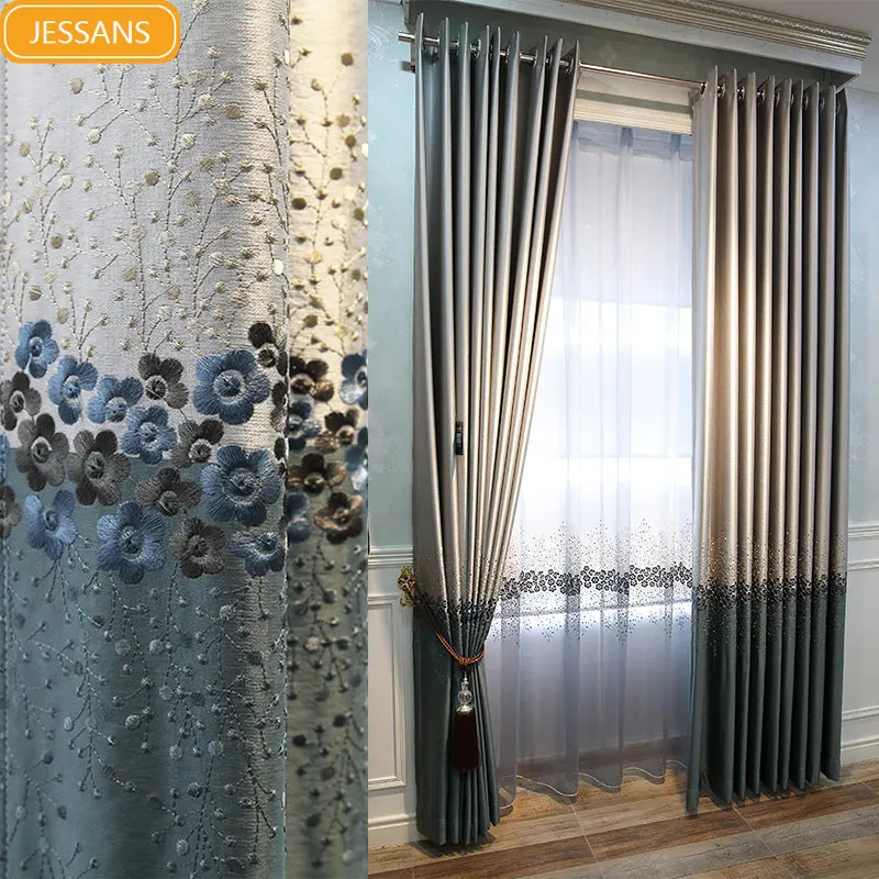 

High-end atmospheric light luxury embroidered pastoral curtains gauze curtain blackout Curtains for Living dining room bedroom