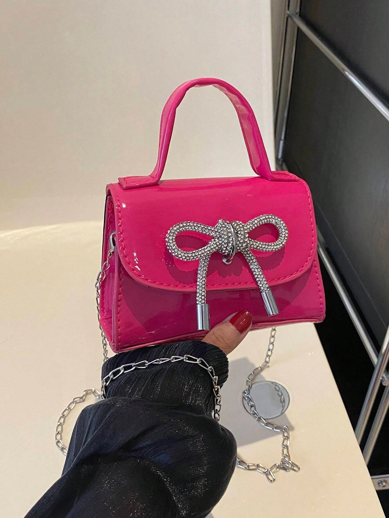 Mirror Pu Mini Handbag With Bow Decoration, Fashionable Shiny Butterfly Decorated Mini Handbag Crossbody Bag For Women Girls