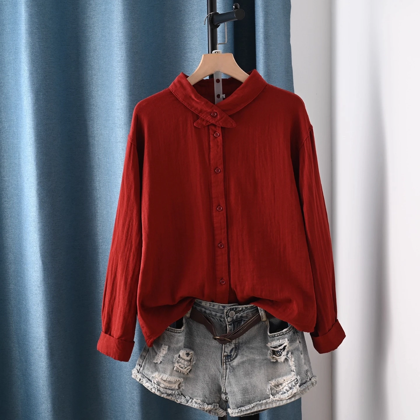 Enianechu Camicette da donna graziose ed eleganti 100% filato di cotone Camicie solide bianche rosse grigie originali Top da donna a maniche lunghe