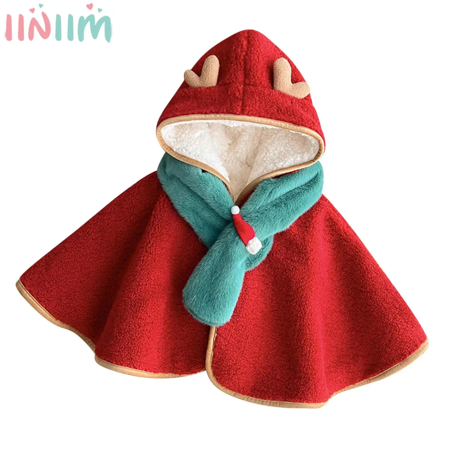 

Рождественский плащ с капюшоном для маленьких девочек, утолщенная зимняя теплая накидка из нечеткого флиса, милое пончо с кроликом лося, пальто, куртка, верхняя одежда
