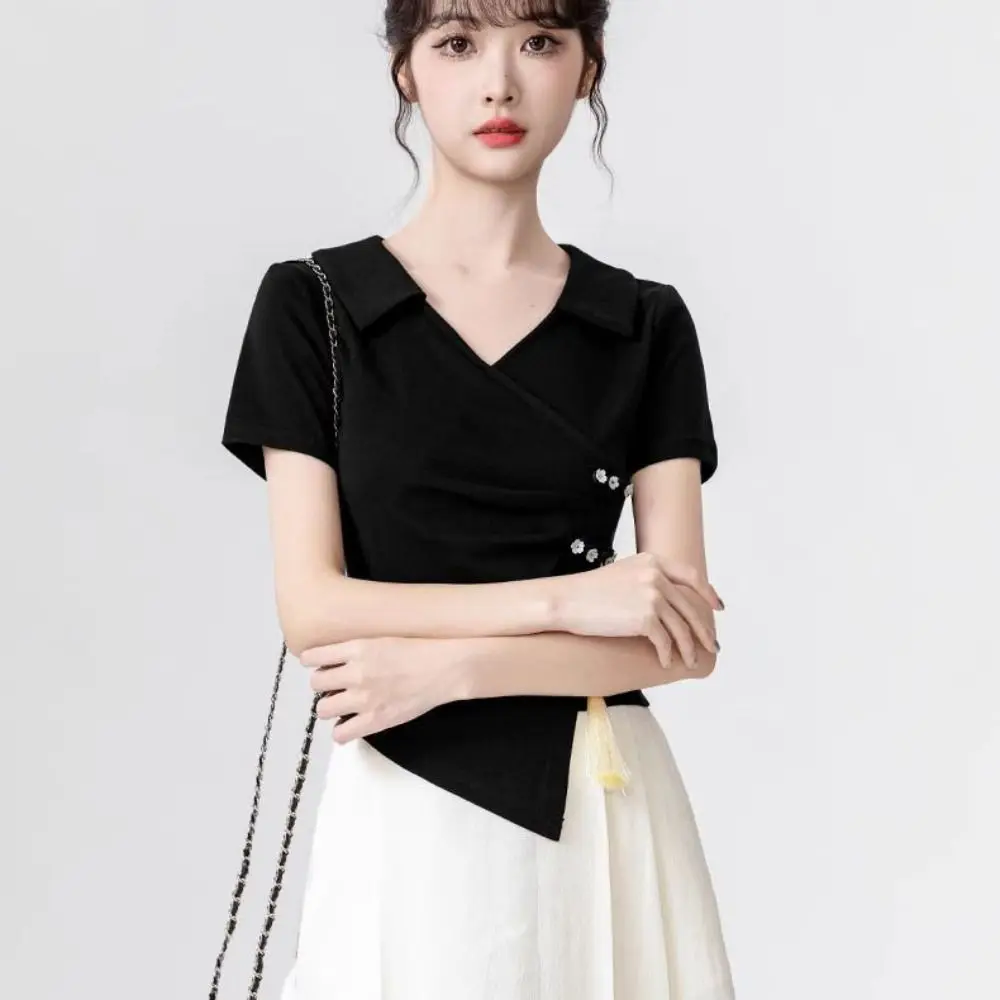 

Tassel Pendant Irregular V-neck T-shirt Flower Button Chinese Style Women's Slim Crop Tops Female Summer Tops Lapel