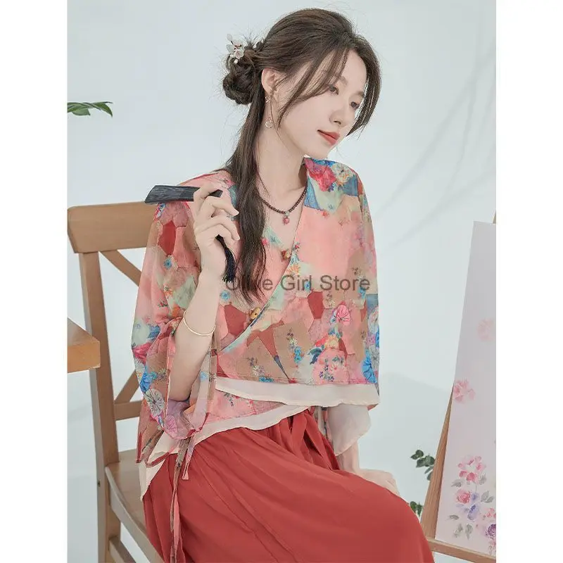 Summer Women's Pant Suit Color Blocking Top Light Thin High Waisted Casual Wide Leg Pants Artistic Chinese Traditional Clothing