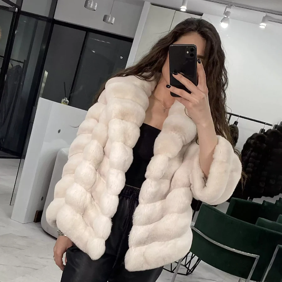 Cappotto di vera pelliccia con colletto inglese per donna Cappotto di pelliccia di coniglio Chichilla Rex Giacche di pelliccia invernale Giacca in vera pelle di alta qualità