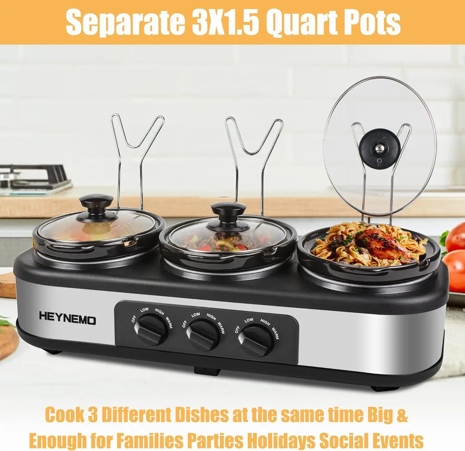 Dreifach-Schongarer, 3 * 1,5 Quart Buffet-Server und Wärmer, 3 Töpfe Buffet-Schongarer, verstellbare Temperaturdeckelstützen aus Edelstahl