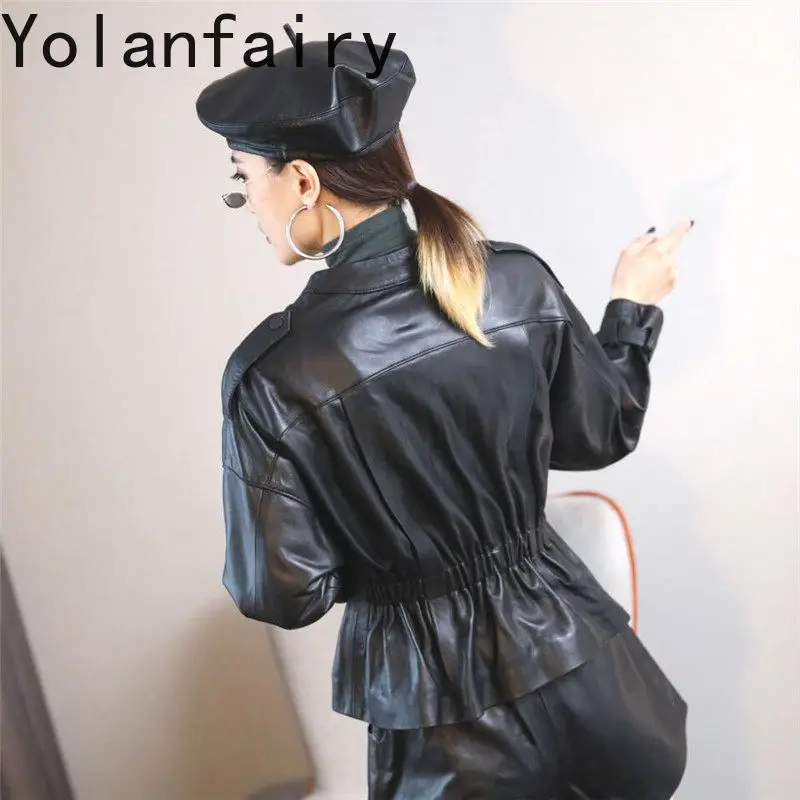 YOLANFAIRY Autumn Short Real Sheepskin Leather Jacket Women Round Neck Long Sleeve Slim Fit Elastic Waist Genuine Leather Coat