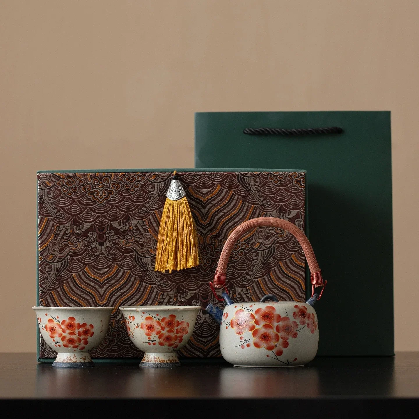 Blue and White Flint Red Plum Blossom Lifting Beam Kettle, One Pot and Two Cups Kung Fu Tea Set, Retro Ceramic Teapot Gift Box