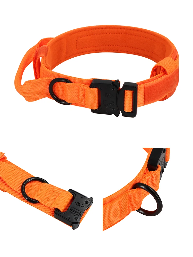 Orange Tactical Dog Collar with Handle Metal Buckle Military Dog Collar and Leash Set Adjustable Tactical Collars for Large Dogs