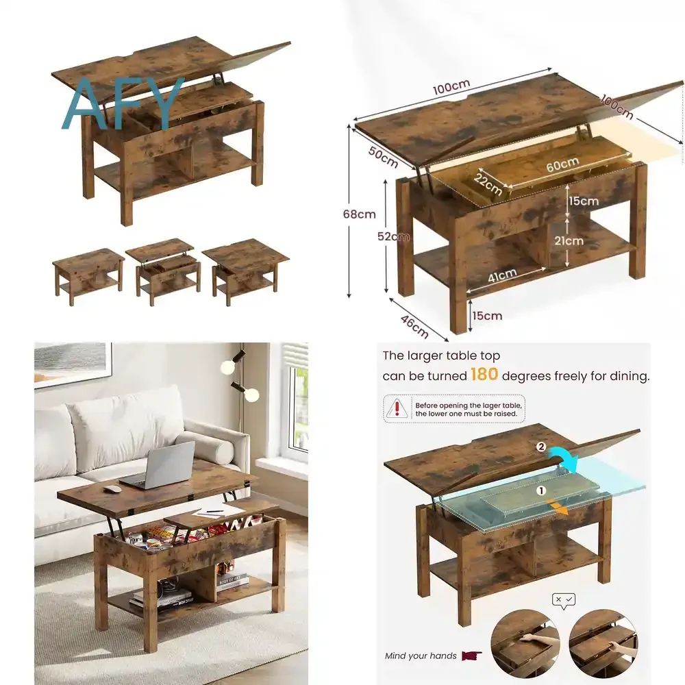 Retro American European Style Adjustable Height Coffee Table for Living Room with Hidden Storage Space and Multi Function Use