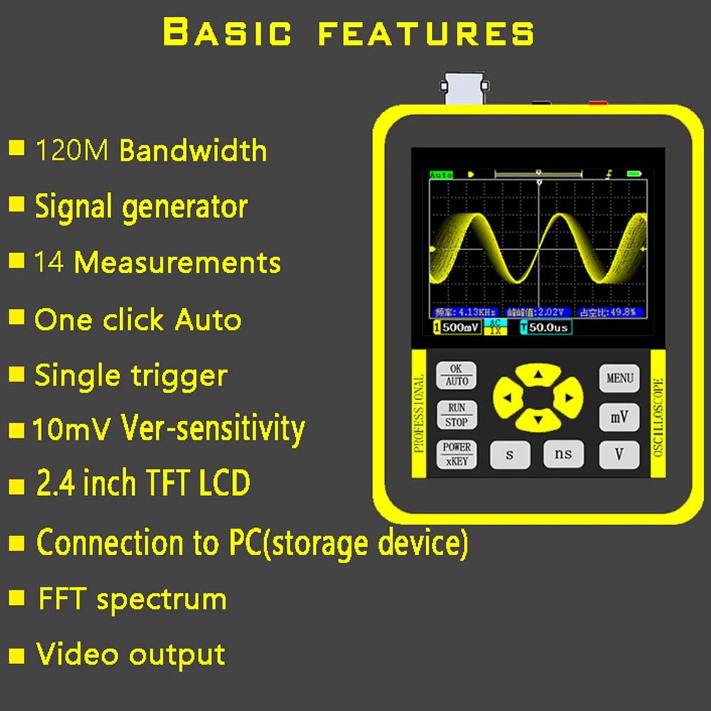 DSO2512G Digital Oscilloscope 120M Bandwidth Dual Channel Oscilloscope 10mV Minimum Vertical Sensitivity FFT Spectrum Analysis