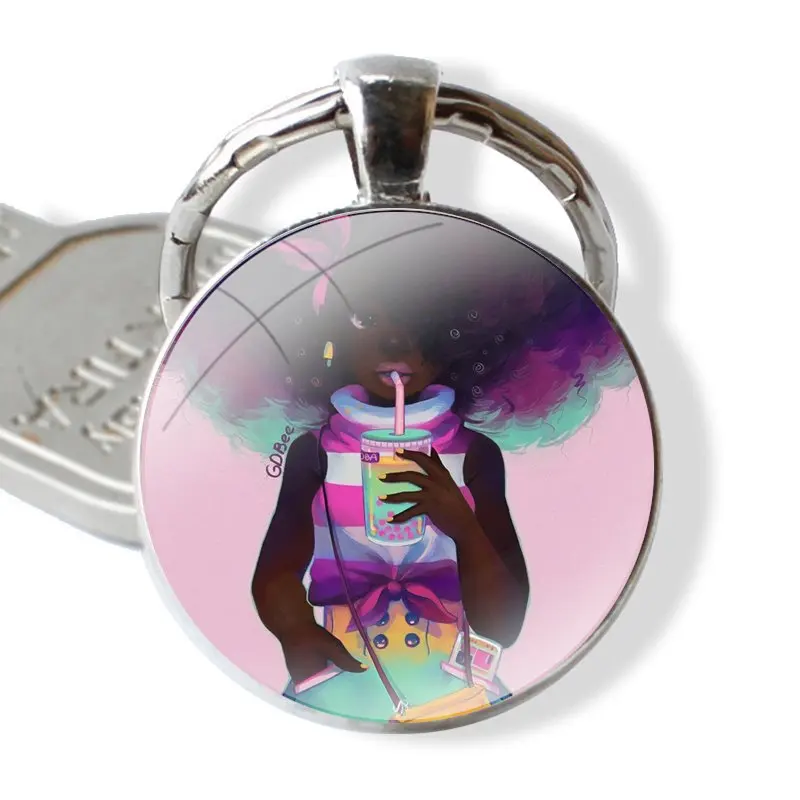 Beautiful Afro Girls Keychain Handmade Glass Cabochon Key Ring Holder Pendant Key Chains