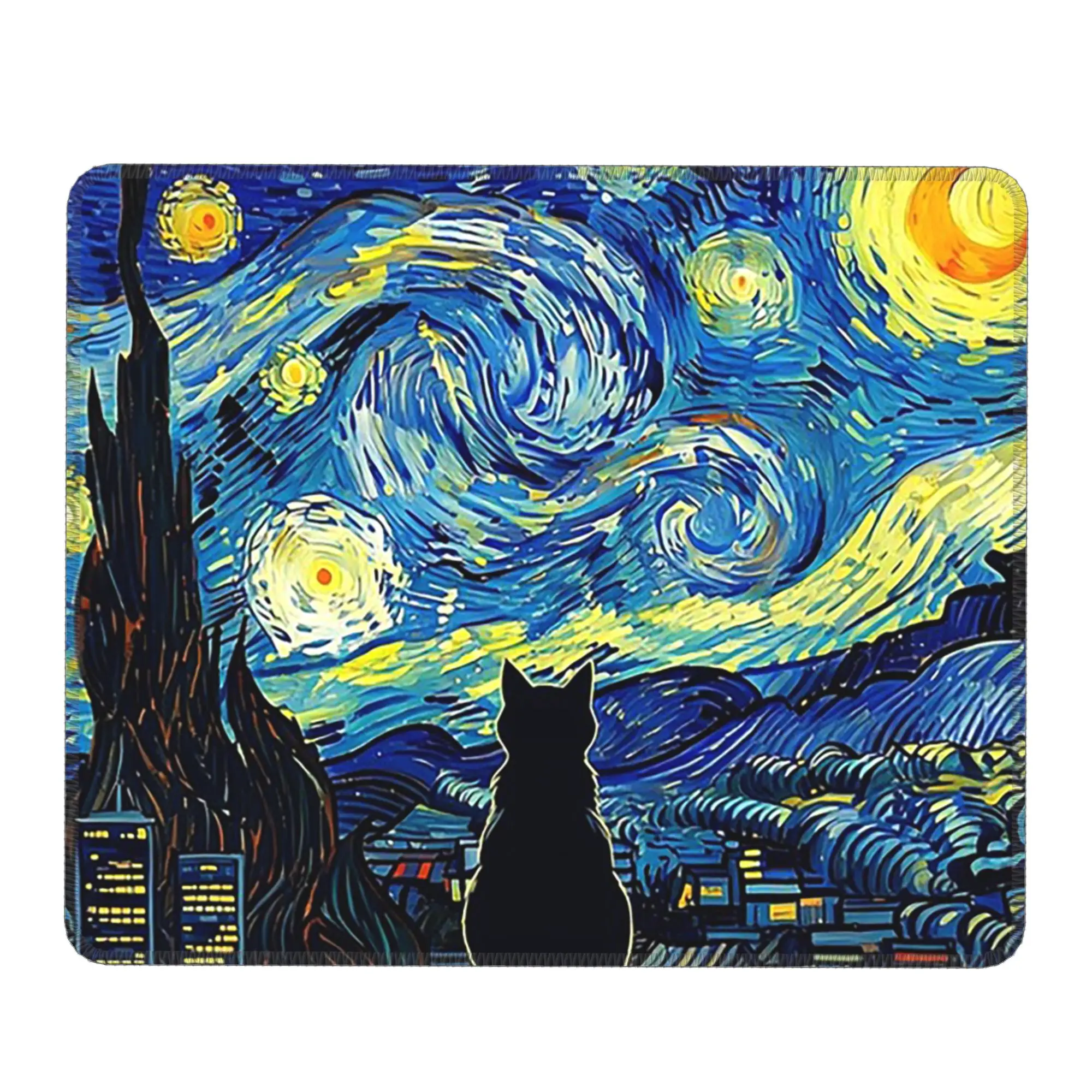 Black Cat Looks The Starry Night Mouse Pad Computer Keyboard Mouse Mat Gaming PC Laptop Desk Mat Office Table Mats