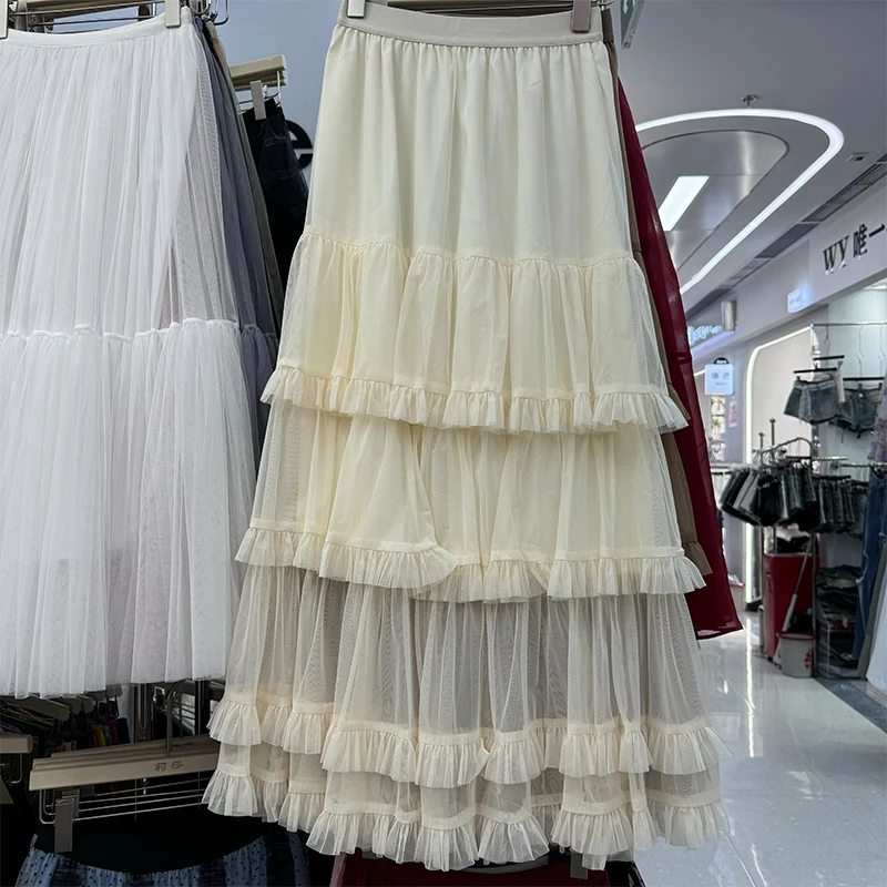 Korean Style Pure Color Layered Tulle Cake Skirt Women's Versatile Anti-Aging Half-length Fairy Skirt with Wood Grain 