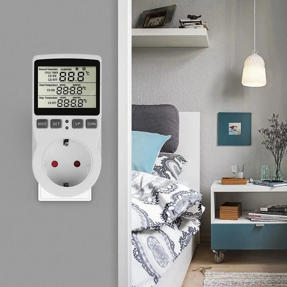 Soket Timer Digital dengan Desain Ringkas, Pengontrol Suhu, Sensor Probe, dan Thermostat