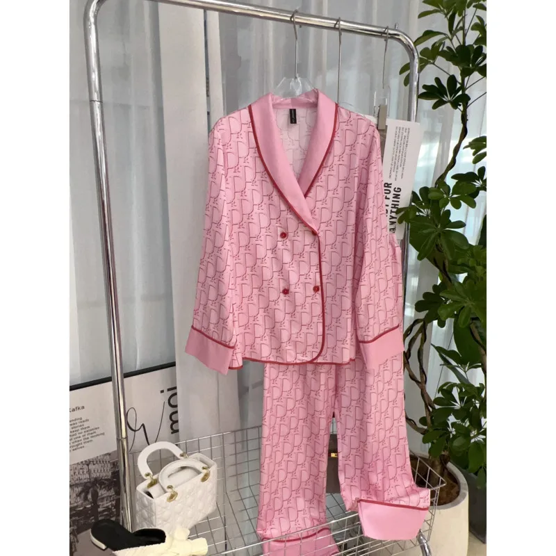 Fashionable High Quality Pink Letter Herringbone Ice Silk Women\'s Pajamas Comfortable Soft Satin Texture Thin Pyjamas Sets