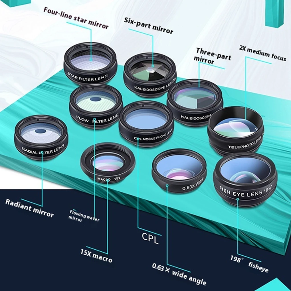 10 in 1 Fisheye Wide Angle Telescope Phone lens kit Macro Camera Lens Filter telescope Lens Fisheye Lens for Smartphone
