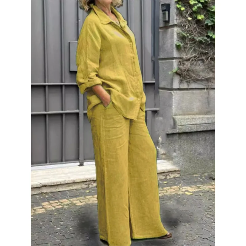 Fashion Cotton Linen Shirt Long Sleeved Women's Set Solid Autumn Loose Linen Wide Leg Trousers Female Office 2piece Set