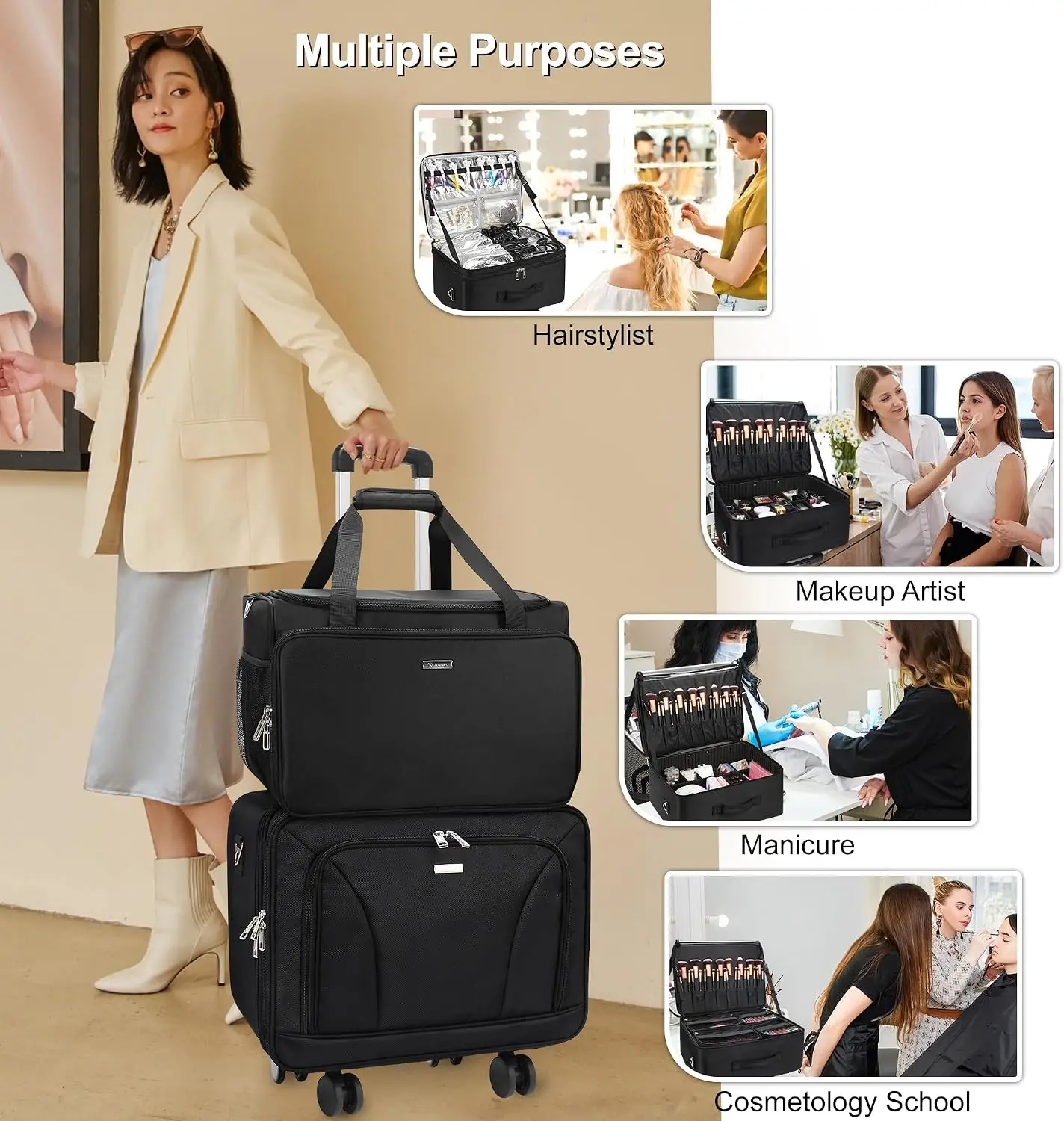 Hairdressing Bag Cosmetology Case on Wheels Makeup Artist Hairstylist Travel Cosmetic Organizer Storage Bag