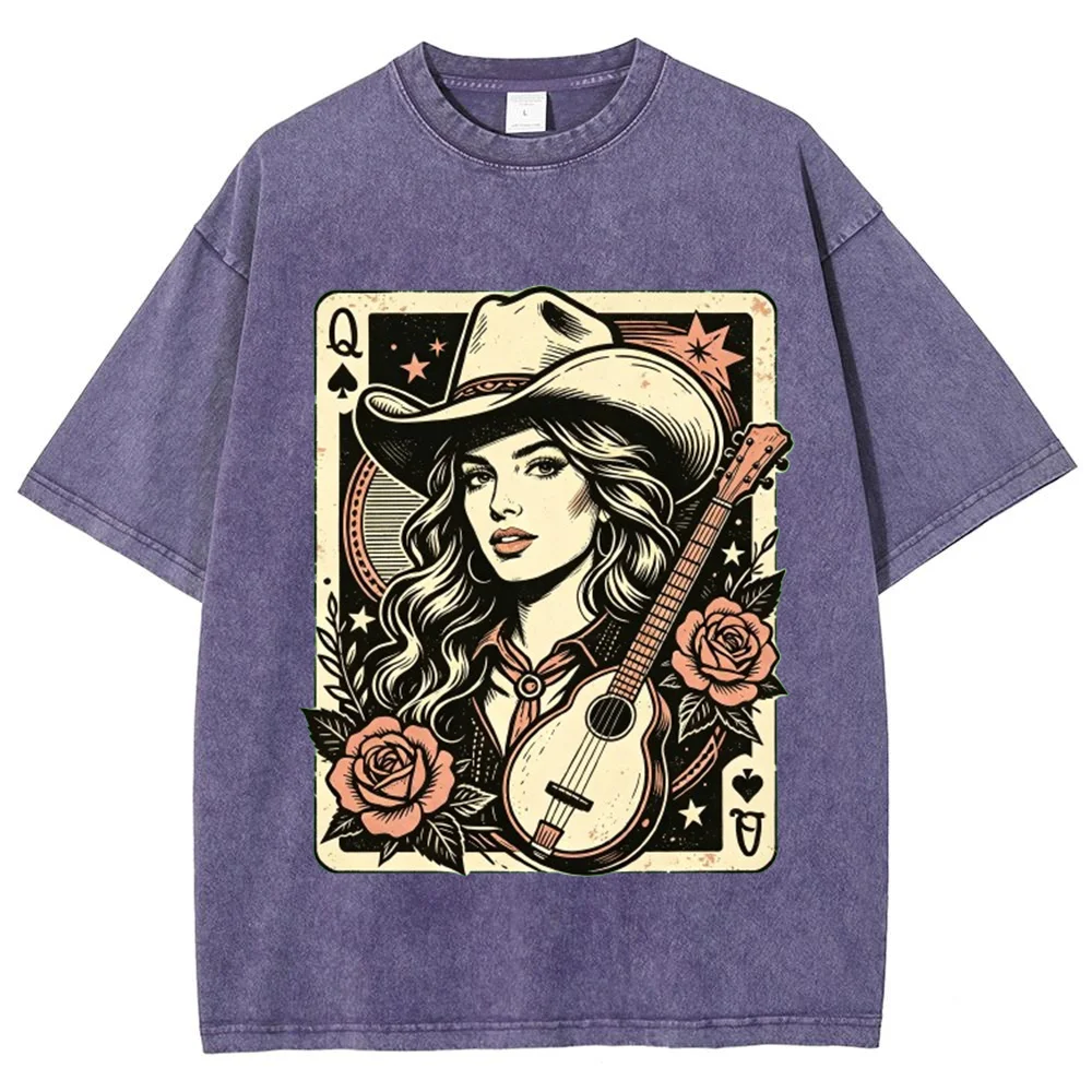 Womens Vintage Cowgirl Graphic T Shirt Western Guitar Rose Print Casual Short Sleeve Tee Country Music Festival Summer Top ﻿