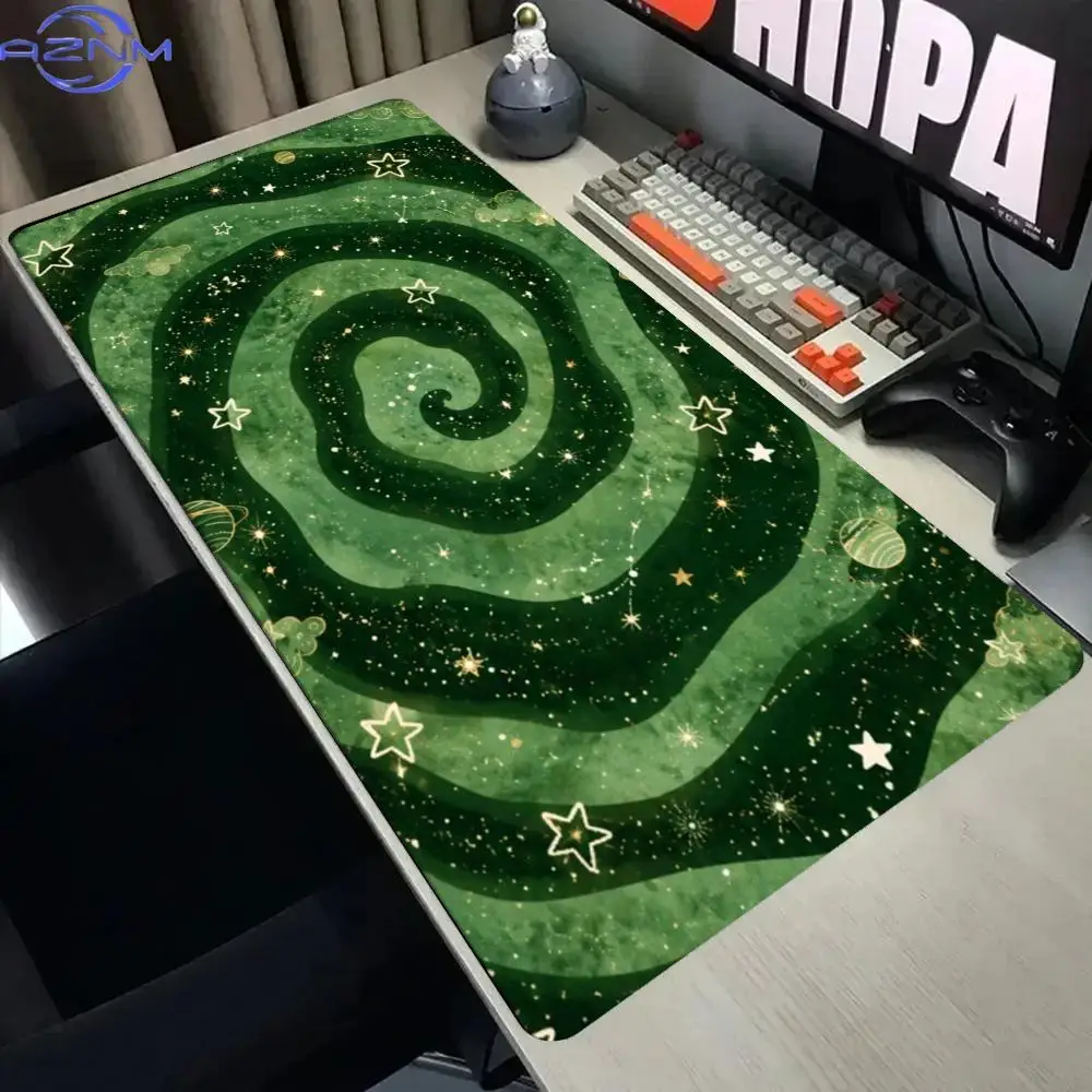 Dreamy Swirl Space Mouse Pad Waterproof Non‑Slip Green Marble Spiral Star Universe Pattern Mousepad Computer Gaming Mousepad