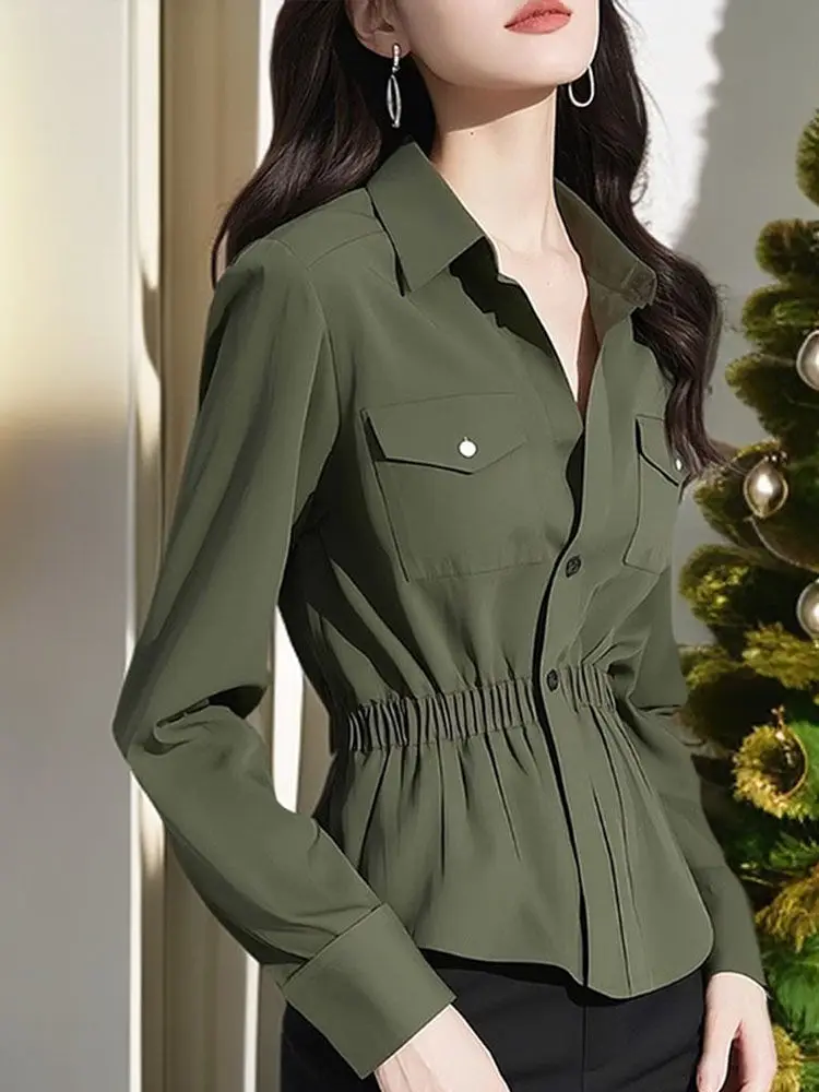 

Retro Military Green Waist-Cinching Slimming Shirt Unique Beautiful French Polo Collar Shirt for Women