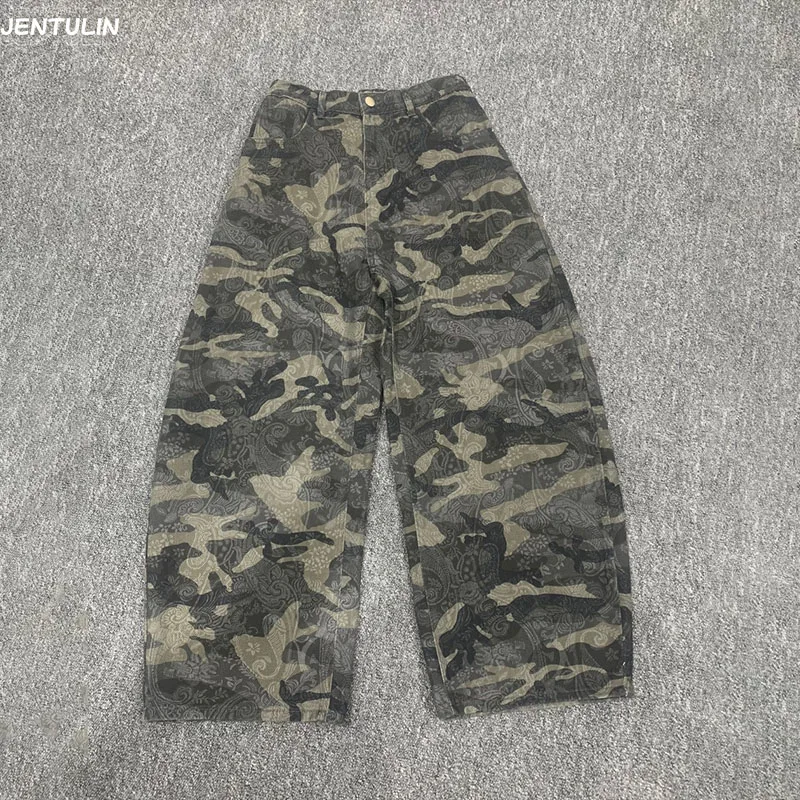 Calças Americanas Retrô com Estampa Floral e Camuflagem, Jeans Largos Desgastados para Homens e Mulheres, Moda Harajuku, Roupas Esportivas e Streetwea