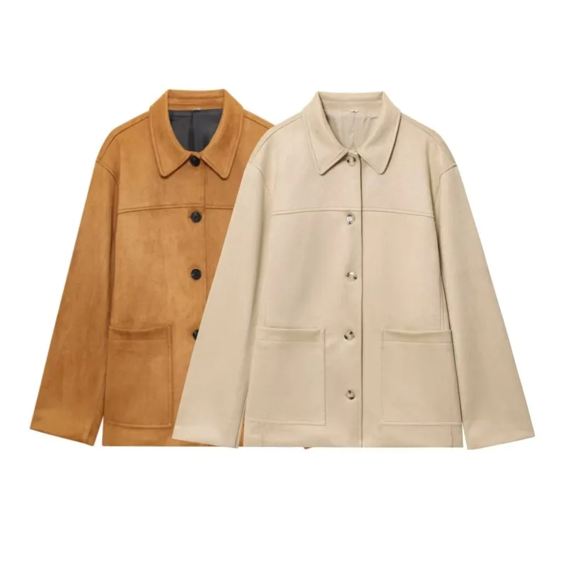 

Women Suede Leather Jacket With Pocket Autumn Turn Down Collar Long Sleeve Pocket Women's Jacket Casual Simple Female Jackets
