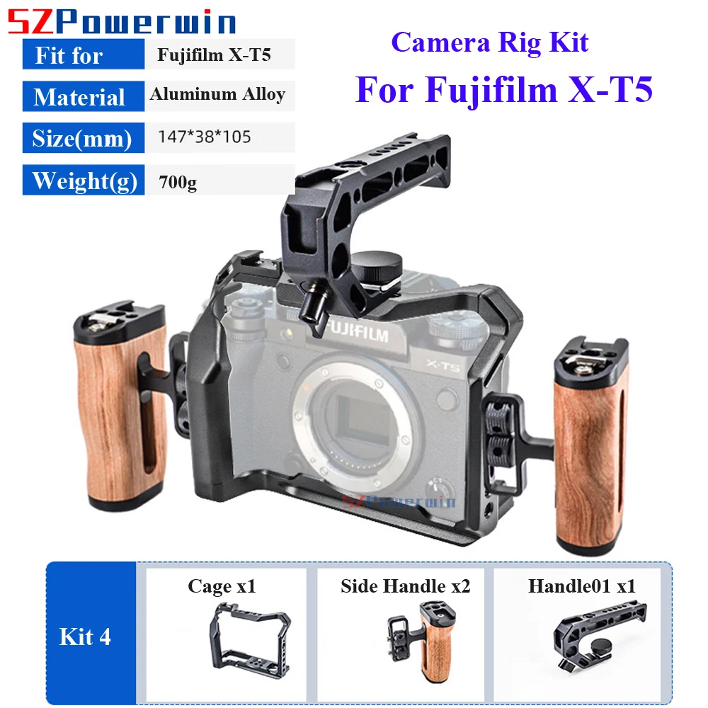 Powerwin For Fujifilm X-T5 Camera Cage Rig Kit with wooden Handle Multifunctional Arri Locating Screw Aluminum Alloy