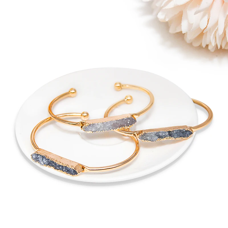 Rectangle Raw Stone Bracelet for Women Handmade Natural Crystal Cluster Open Cuff Bangle Jewelry