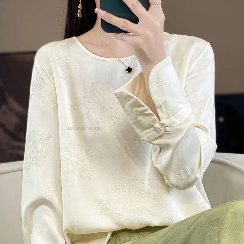 Women's Elegant Top Spring/Summer New Long Sleeve Spliced Versatile Neo-Chinese Style Jacquard Crew Neck Shirt  Women Blouse