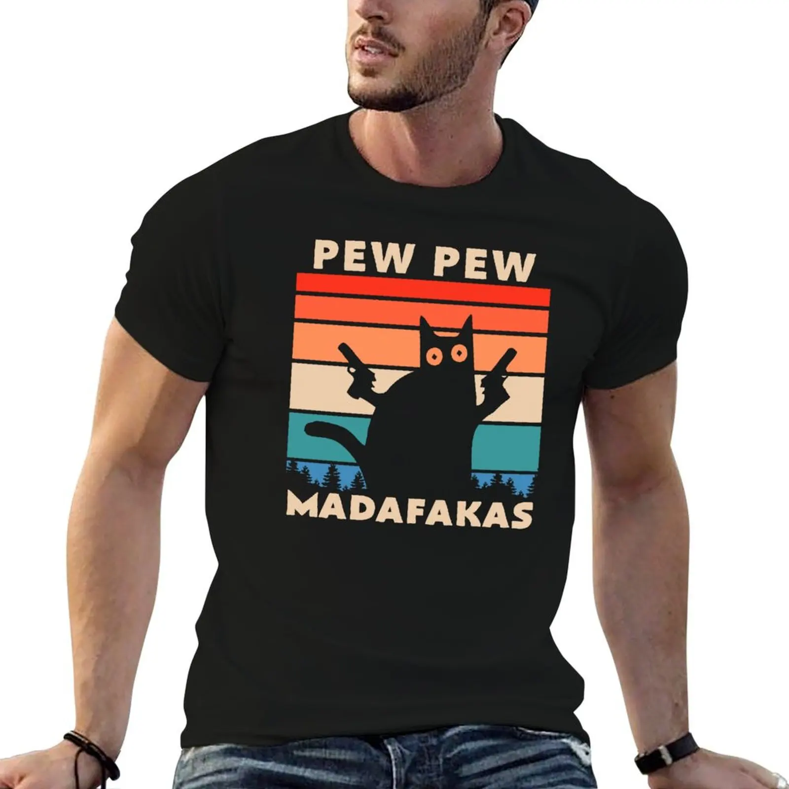 The Cat Pew Pew Madafakas T-Shirt shirts graphic tees heavyweights black t shirts for men