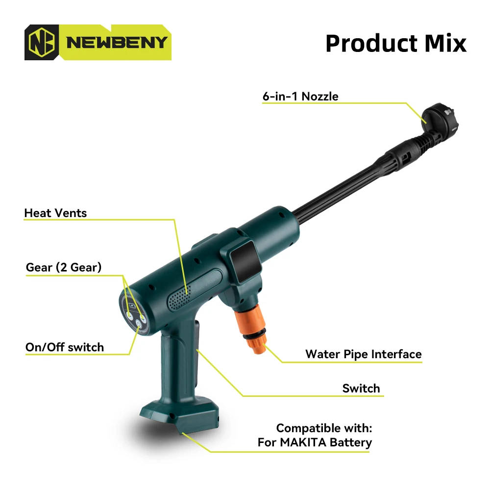 NEWBENY 200Bar Brushless High Pressure Car Washer Gun 6 IN 1 Electric Garden Washing Water Wash Spray Gun for Makita 18V Battery