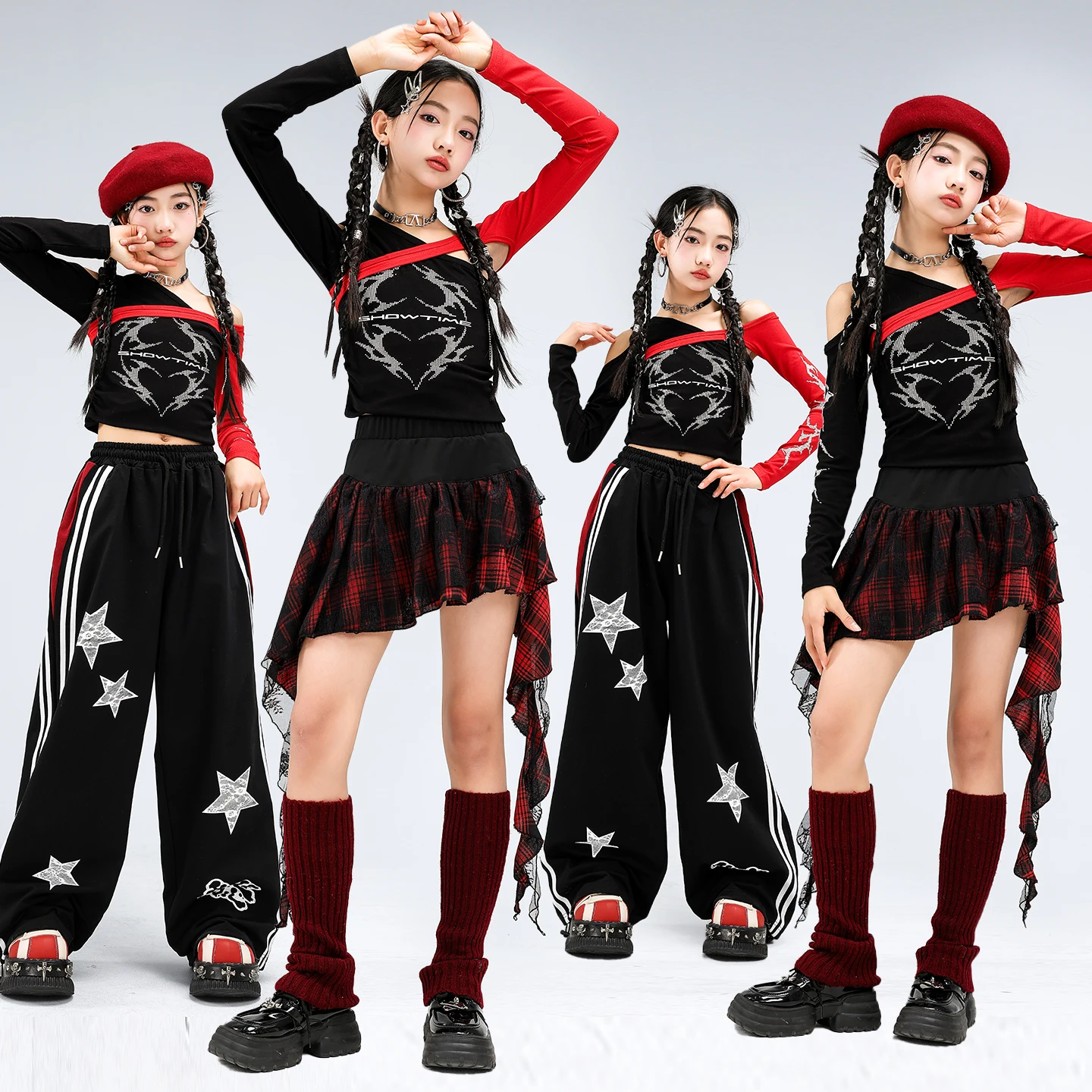 Girls K-pop Off Shoulder Crop Top Contrast Cargo Dance Pants Kid Hip Hop Streetwear Costume Children Jazz Girl Group Clothes Set