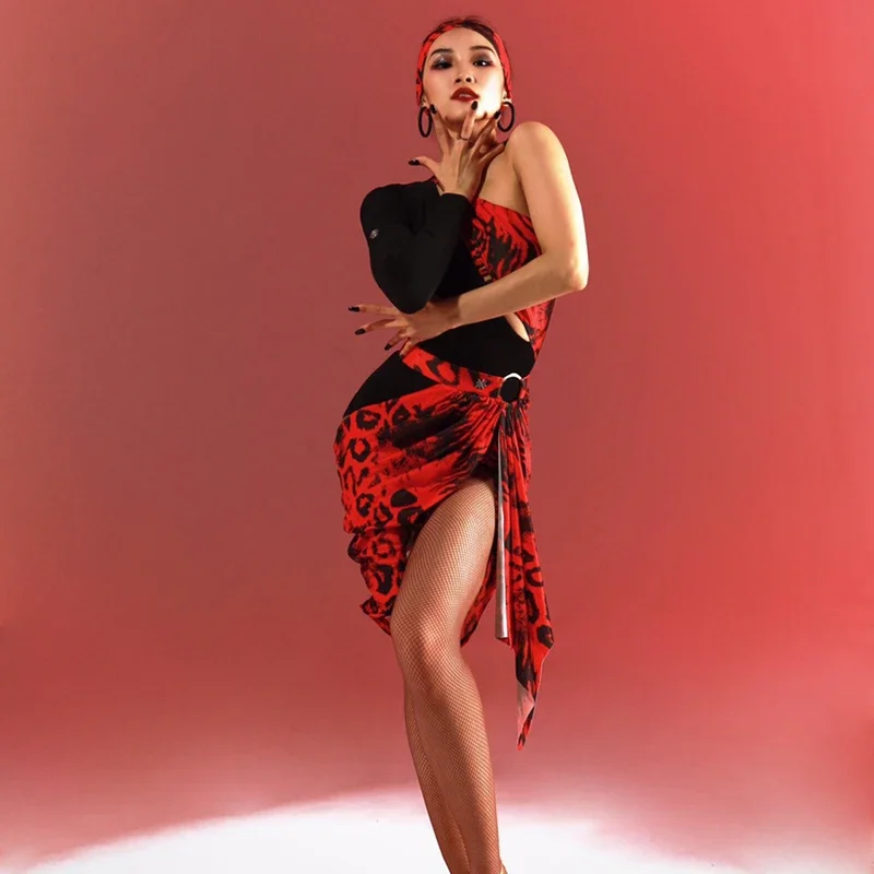 

Women Sexy Bodysuit Red Irregular Skirts Suit Ballroom Rumba Latin Dance Performance Wear Latin Dance Costumes
