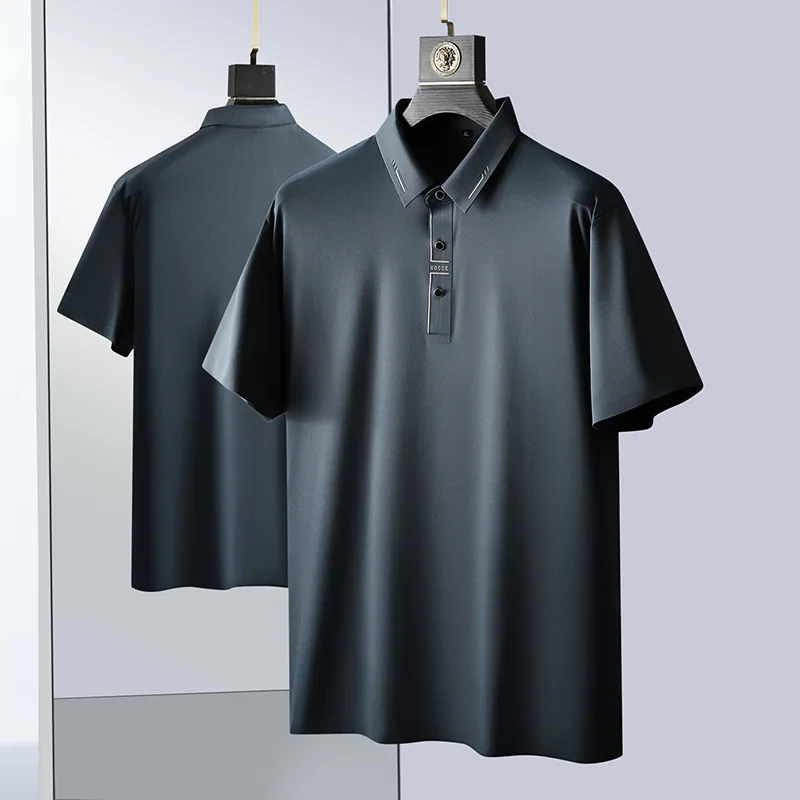 Summer Quality Business Casual Formal Men's Loose POLO Shirt Non-ironing High Elasticity Smooth Shiny Short Sleeve Polo XL-7XL