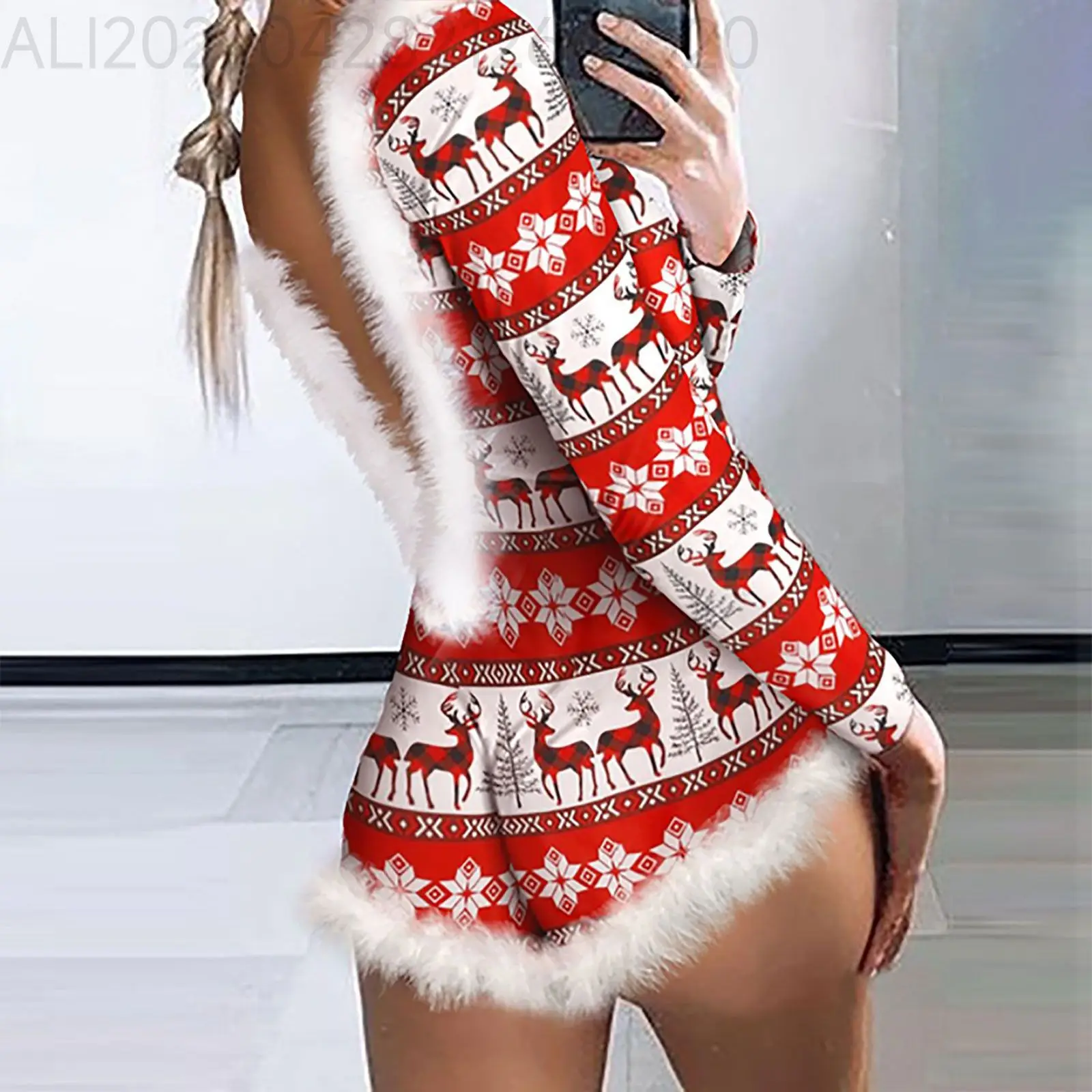 Christmas Fur Print One Piece Romper Women 2023 Autumn Winter Fashion Backless Long Sleeve V-neck Sleepwear Party Clubwear