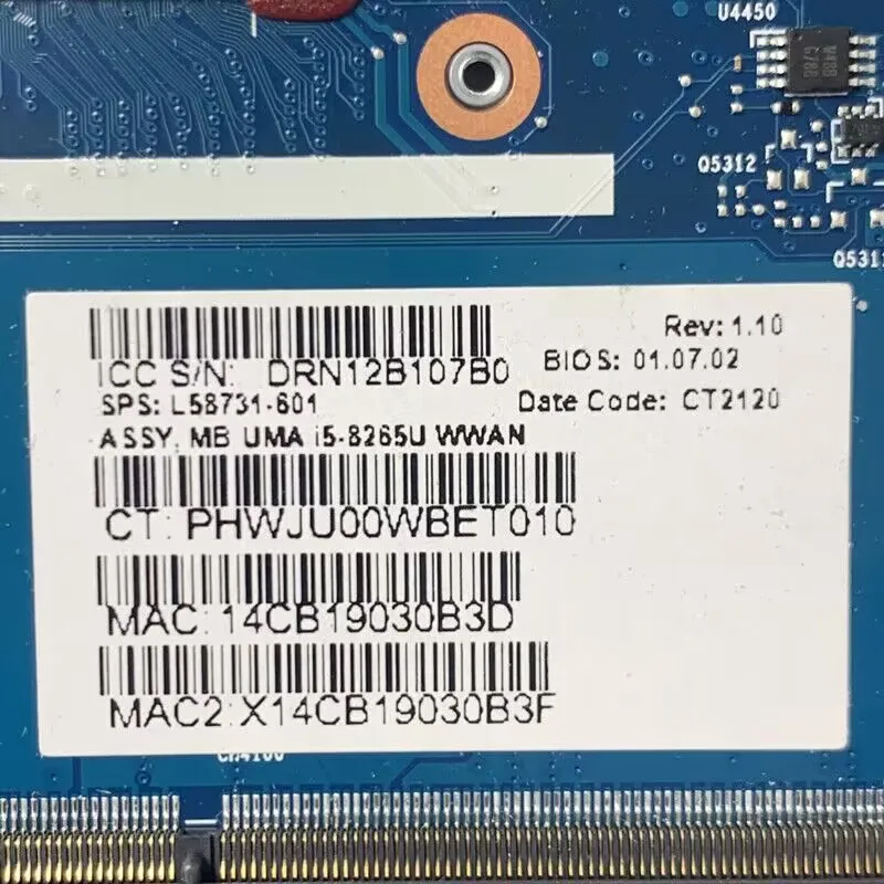 

L58731-001 L58731-501 L58731-601 6050A3028501-MB-A01(A1) With SRFFX I5-8265U CPU For HP 650 G5 Laptop Motherboard 100% Tested OK
