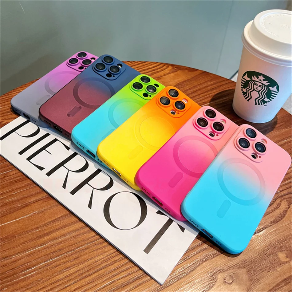 Luxury Gradient Contrast Silicone For Magsafe Case For iPhone 15 14 13 12 11 Pro Max Lens Protector Wireless Charging Cover TPU image 3
